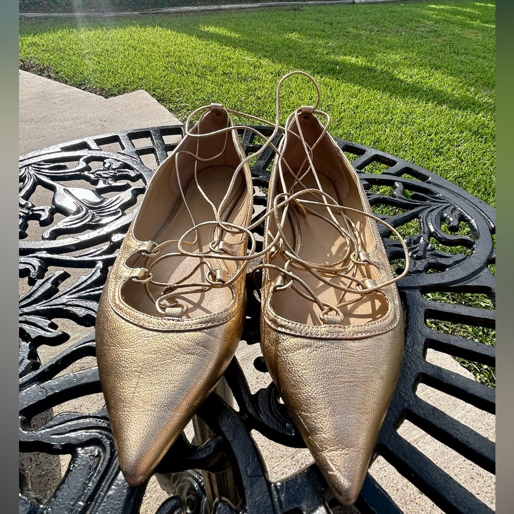 Michael Kors Gold Pointed-Toe Lace-Up Flats